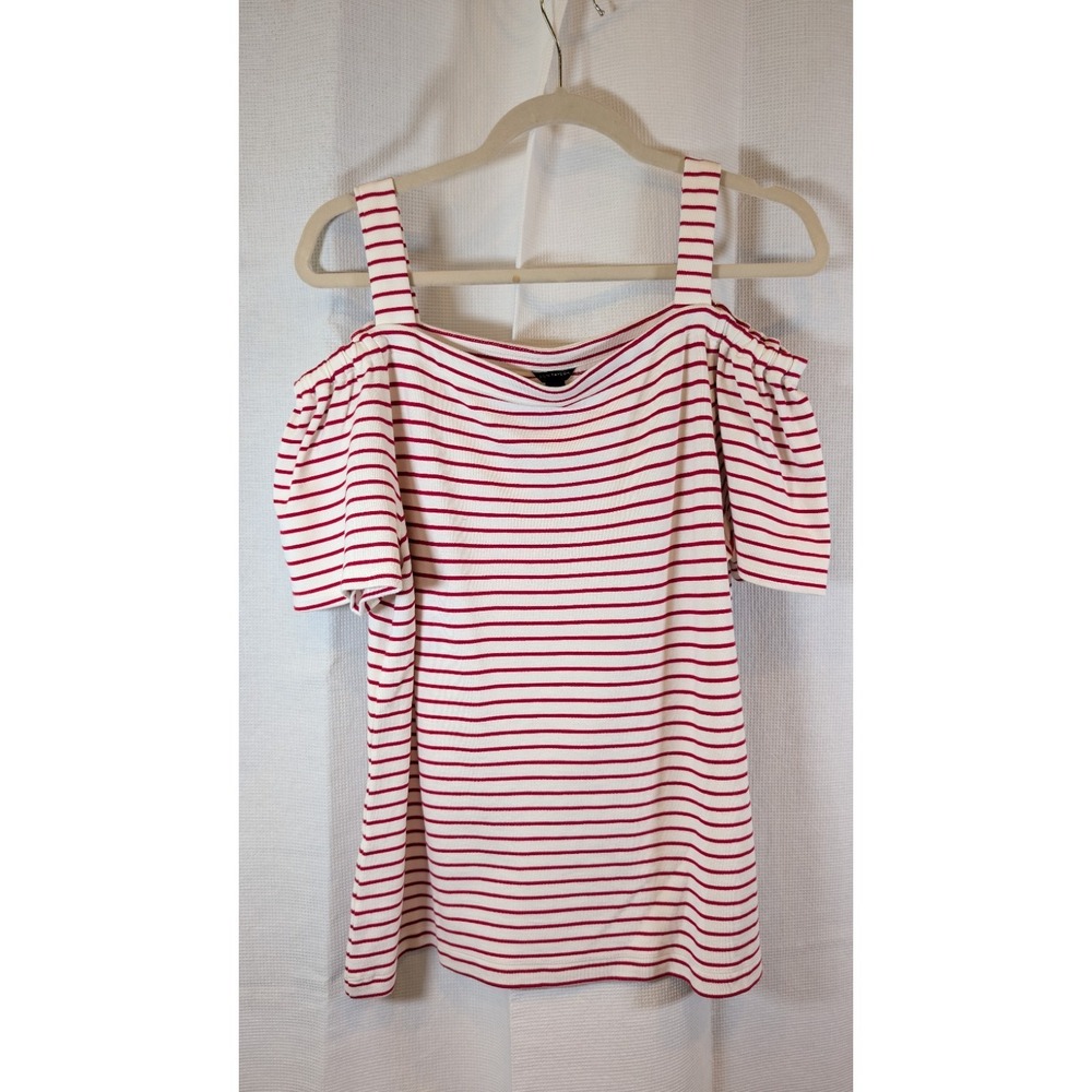 Ann Taylor Red White Striped Cold Shoulder Top Shirt Fixed Straps Knit Size L
